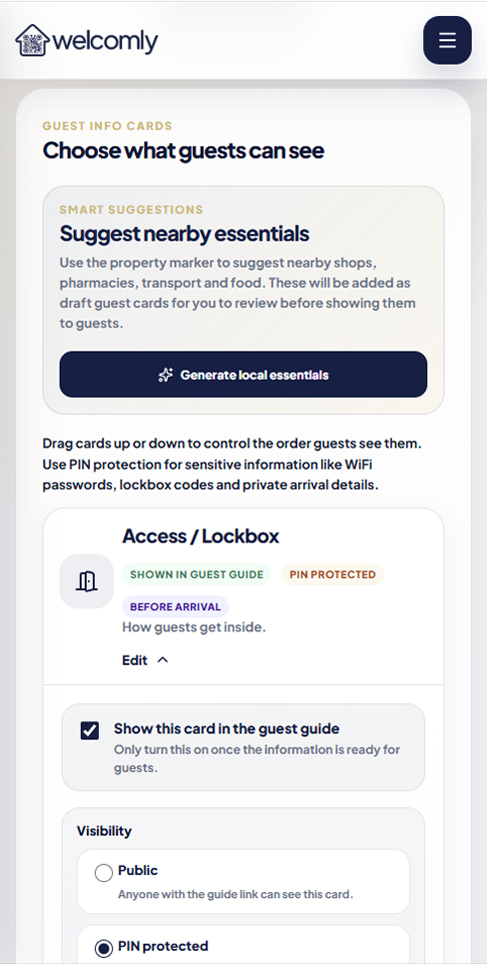 Editing guide cards in the Welcomly owner portal on a phone