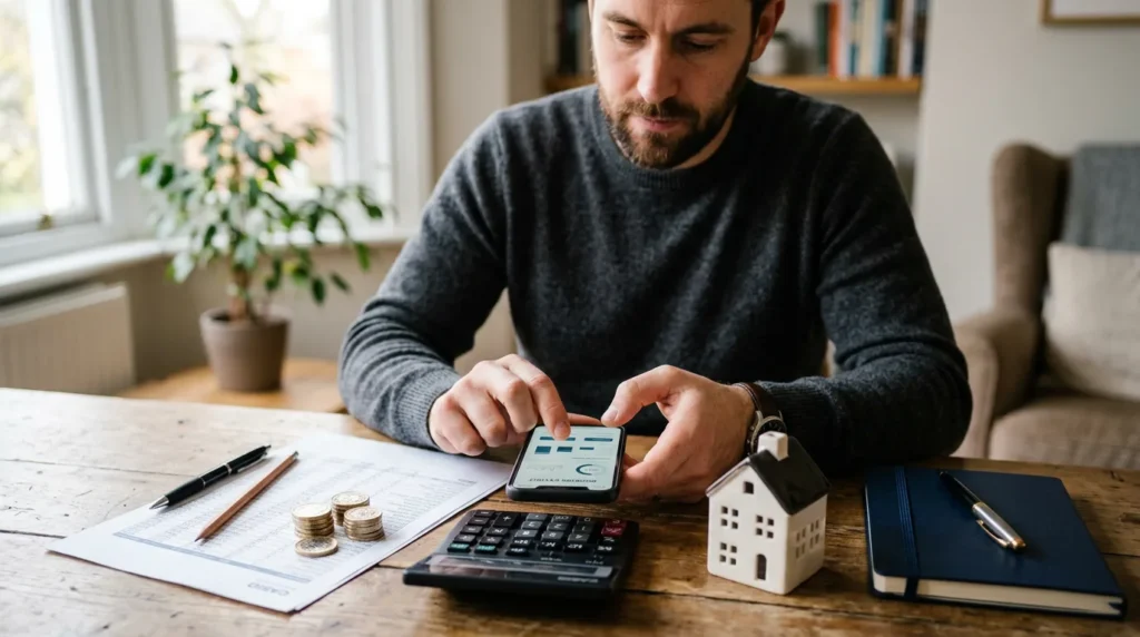 Host reviewing holiday let booking income and fees on a phone and calculator