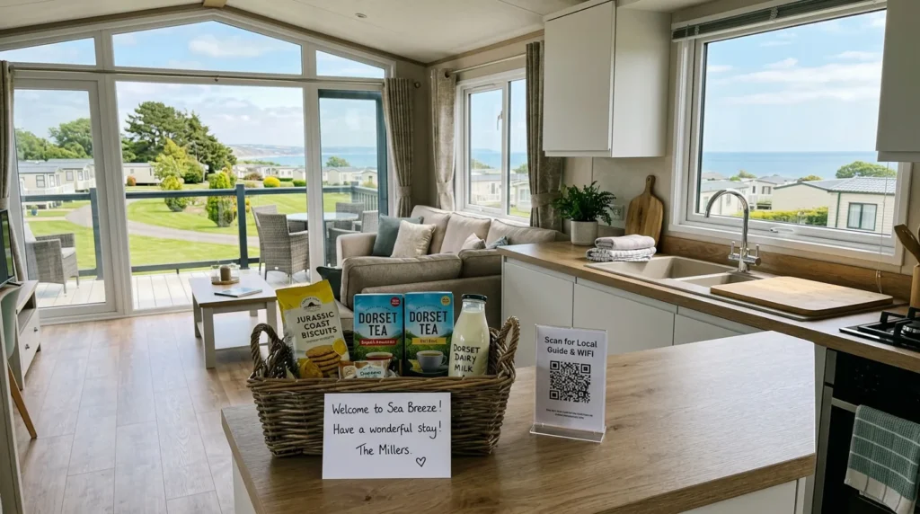 Welcome pack and QR code stand on the worktop of a modern static caravan